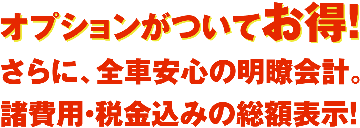 オプションがついてお得！さらに、全車安心の明瞭会計。諸費用・税金込みの総額表示！